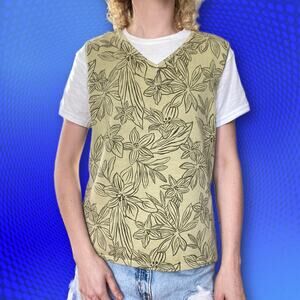 Vintage sweater vest knit v neck floral tropical botanical, size M